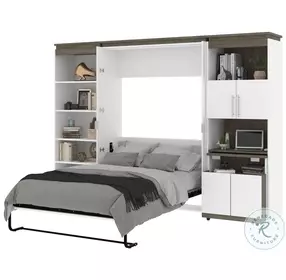 Orion White And Walnut Grey 118" Full Murphy Bed With Shelving And Fold Out Desk