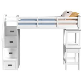 Brooklyn White Twin Storage Loft Bed with Staircase and Integrated Speaker Desk