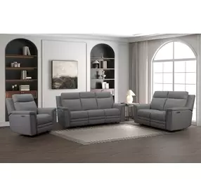 Harper Berlin Cement Leather Power Reclining Living Room Set with Power Lumbar and USB Charging
