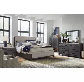 Plum Creek Ravenwood Black and Elite Dove Upholstered Panel Bedroom Set