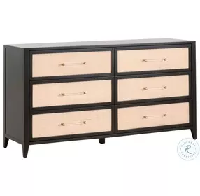 Holland Brushed Black Acacia And Natural Rattan 6 Drawer Double Dresser