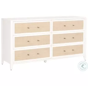 Holland Matte White And Natural Rattan 6 Drawer Double Dresser