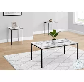 7892P White Marble Look Laminate And Black Metal 3 Piece Occasional Table Set