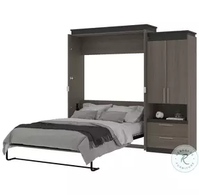 Orion Bark Gray And Graphite 94" Queen Murphy Bed And Storage Cabinet With Pull Out Shelf