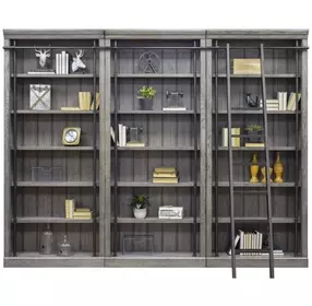 Avondale Rustic Gray 3 Tall Bookcase Wall with Ladder