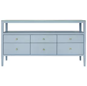 Jordan Textured Light Blue Linen 6 Drawer Tv Stand With Open Shelf