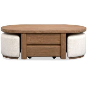 Silveroak Golden Oat and Beige Oval Lift Top Cocktail Table with 2 Upholstered Stools