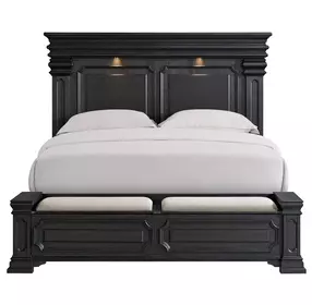 Paterson Black and Gray King Upholstered Storage Panel Bed with LED