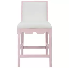 Lanister White Linen Performance Fabric Counter Height Stool With Matte Pink Lacquer Frame