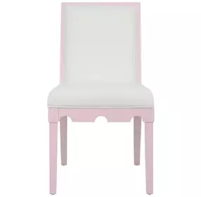Lanister White Linen Performance Fabric Dining Chair With Matte Pink Lacquer Frame