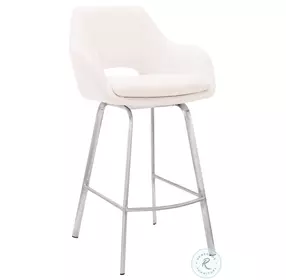 Aura White Faux Leather And Brushed Stainless Steel 30" Swivel Bar Stool
