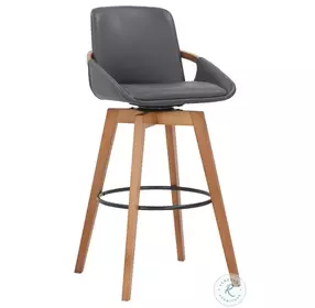Baylor Gray Faux Leather And Walnut Wood 30" Swivel Bar Stool