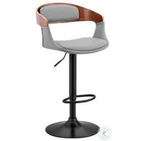 Benson Gray Faux Leather And Walnut Wood Adjustable Bar Stool with Black Base