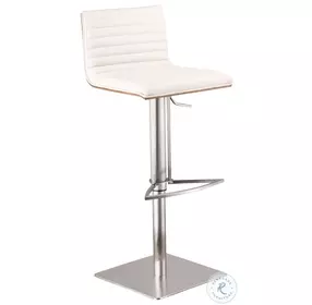 Cafe White Faux Leather And Walnut Wood Adjustable Swivel Bar Stool with Brushed Stainless Steel Base