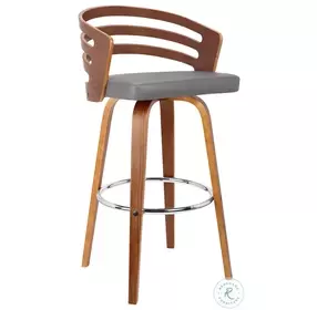 Jayden Grey Faux Leather And Walnut Wood 30" Swivel Bar Stool