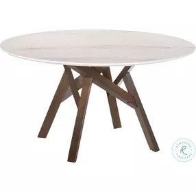 Venus 54" Round White Marble Dining Table With Walnut Wood Legs