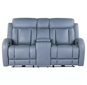 Quinn Blue Gray Leather 73" Zero Gravity Triple Power Reclining Loveseat with Console and USB Charging