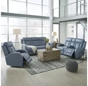 Quinn Blue Gray Leather Zero Gravity Triple Power Reclining Living Room Set
