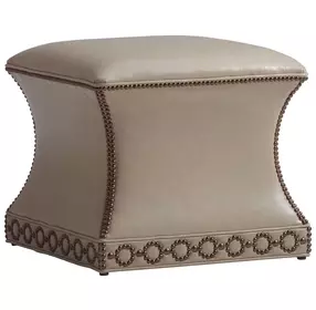 Merino Carlyle Beige Leather Upholstered Square Ottoman with Nailhead Trim