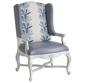 Patras Blue and Gray Leather Upholstered Wing Chair with Nailhead Trim