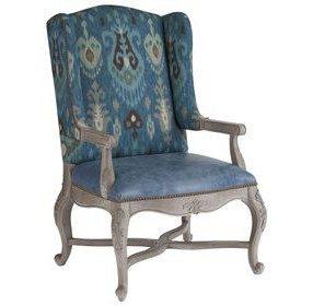Patras Blue Leather Upholstered Wing Chair with Nailhead Trim