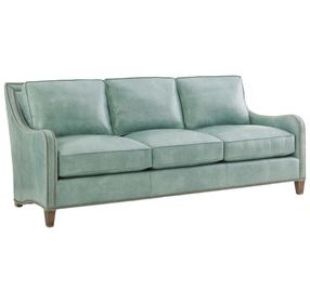 Twin Palms Koko Green Leather 85" Sofa with Nailhead Trim