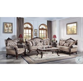 Benbek Fabric and Antique Oak Living Room Set with 5 Pillows