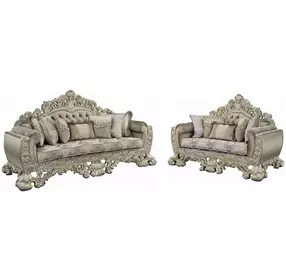 Sorina Beige and Antique Gold Living Room Set with Pillows and Nailhead Trim