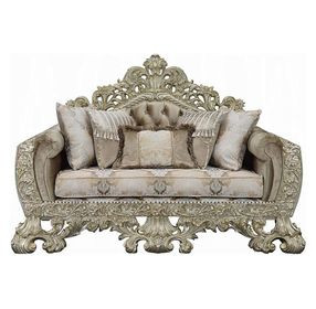 Sorina Beige and Antique Gold 77" Loveseat with Pillows and Nailhead Trim