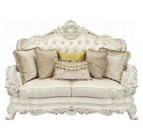 Adara Pearl White 70" Loveseat with Pillows and Nailhead Trim