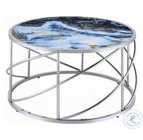 Lyda Blue Marble Print and Chrome Round Coffee Table