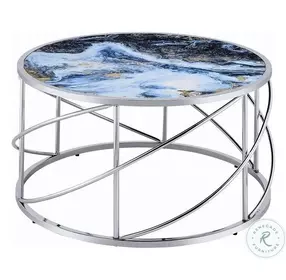 Lyda Blue Marble Print and Chrome Round Coffee Table