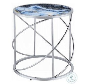 Lyda Blue Marble Print and Chrome Round End Table