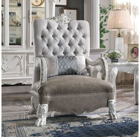 Dresden Gray Upholstered Tufted Back Accent Chair with Pillow and Nailhead Trim