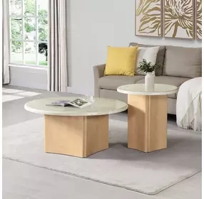 Qwin White and Oak Marble Top Occassional Table Set