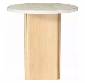 Qwin White and Oak Round Marble Top End Table