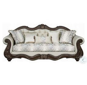 Pierce Beige Fabric and Cherry 93" Sofa with 5 Pillows