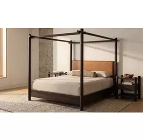 Devin Brown Leather Upholstered Canopy Bedroom Set