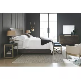 Modern Artisan Remix Cerused Oak And Bronze Gold Metal Panel Bedroom Set