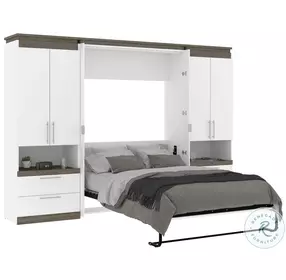 Orion White And Walnut Grey 118" Full Murphy Bed And 2 Storage Cabinets With Pull Out Shelves