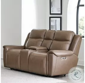 Caspian Smooth Latte Leather Zero Gravity Power Reclining Console Loveseat