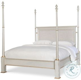 Madeline Worn Light Grey And Tape Upholstered King Poster Bed