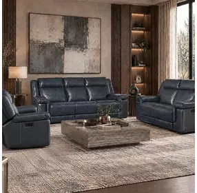Arthur Cosmos Cobalt Leather Lay Flat Power Reclining Living Room Set With Power Headrest And Lumbar