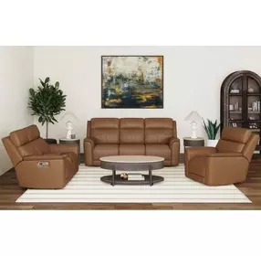Walker Butternut Leather 86" Power Reclining Living Room Set with USB Charging