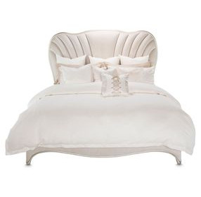 London Crest Creamy Pearl Velvet Queen Panel Bed with USB Charging