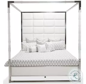 State St Satin And Glossy White Box Tufted King Upholstered Metal Canopy Bed