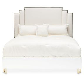 Palm Gate Cloud White and Cream California King Upholstered Panel Bed with USB Charging