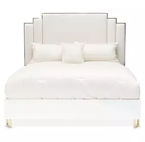 Palm Gate Cloud White and Cream California King Upholstered Panel Bed with USB Charging