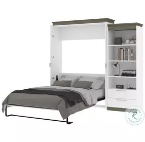 Orion White And Walnut Grey 94" Queen Murphy Bed And Shelving Unit With Drawers