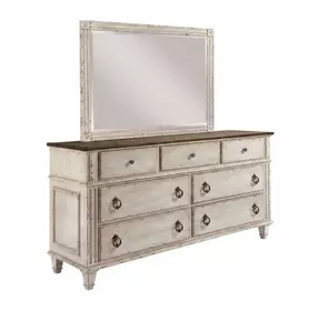 Southbury Parchment and Brown 7 Drawer Dresser with Rectangular Landscape Mirror